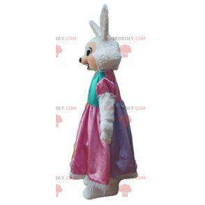 Wit en roze konijn mascotte met een prinsessenjurk -