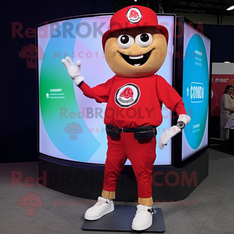Red Pizza Slice mascot costume character dressed with a Cargo Shorts and Smartwatches Red Pizza Slice mascot costume character dressed with a Cargo Shorts and Smartwatches