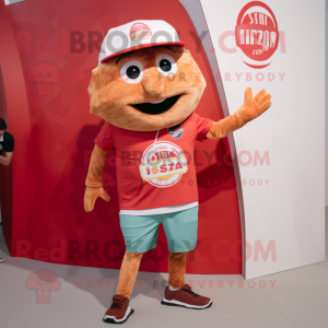 Red Pizza Slice mascot costume character dressed with a Cargo Shorts and Smartwatches