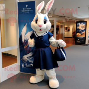 Navy Rabbit mascot costume character dressed with a Wrap Dress and Tote bags