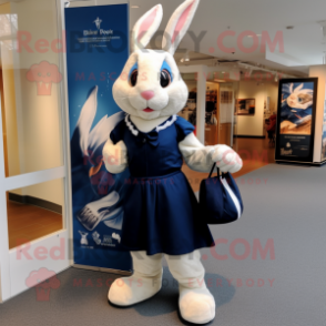 Navy Rabbit mascot costume character dressed with a Wrap Dress and Tote bags