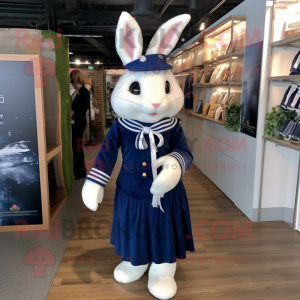 Navy Rabbit mascot costume character dressed with a Wrap Dress and Tote bags