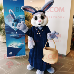 Navy Rabbit mascot costume character dressed with a Wrap Dress and Tote bags