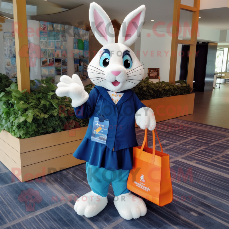 Navy Rabbit mascot costume character dressed with a Wrap Dress and Tote bags