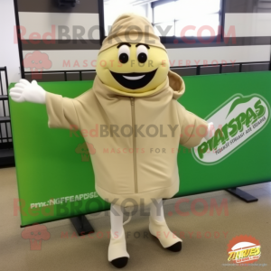 Beige Pesto Pasta mascot costume character dressed with a Windbreaker and Shoe clips
