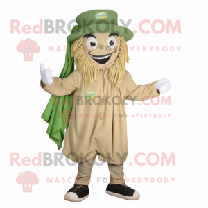 Beige Pesto Pasta mascot costume character dressed with a Windbreaker and Shoe clips