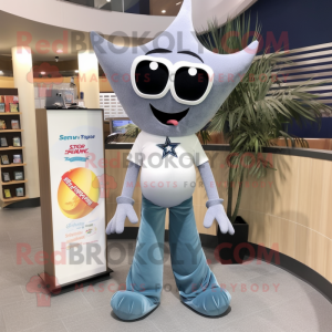 Gray Stingray mascot costume character dressed with a Flare Jeans and Reading glasses