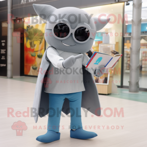 Gray Stingray mascot costume character dressed with a Flare Jeans and Reading glasses