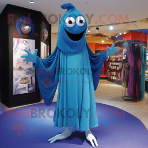 Blue Stilt Walker mascot costume character dressed with a Dress and Shawls