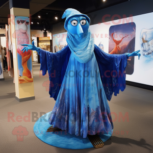 Blue Stilt Walker mascot costume character dressed with a Dress and Shawls