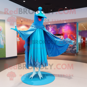 Blue Stilt Walker mascot costume character dressed with a Dress and Shawls