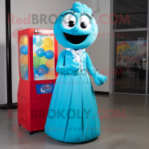 Cyan Gumball Machine mascot costume character dressed with a Maxi Dress and Suspenders