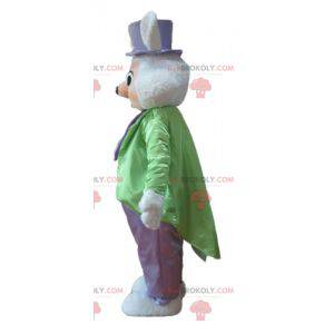 Mascota de conejo blanco y rosa disfrazado muy elegante -