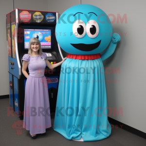 Cyan Gumball Machine mascot costume character dressed with a Maxi Dress and Suspenders
