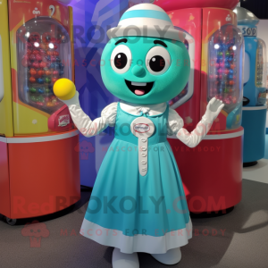 Cyan Gumball Machine mascot costume character dressed with a Maxi Dress and Suspenders
