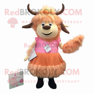 Peach Yak mascot costume character dressed with a Pencil Skirt and Hair clips