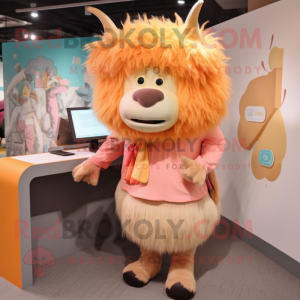 Peach Yak mascot costume character dressed with a Pencil Skirt and Hair clips