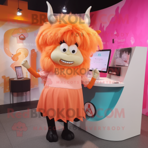 Peach Yak mascot costume character dressed with a Pencil Skirt and Hair clips