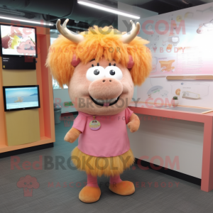 Peach Yak mascot costume character dressed with a Pencil Skirt and Hair clips