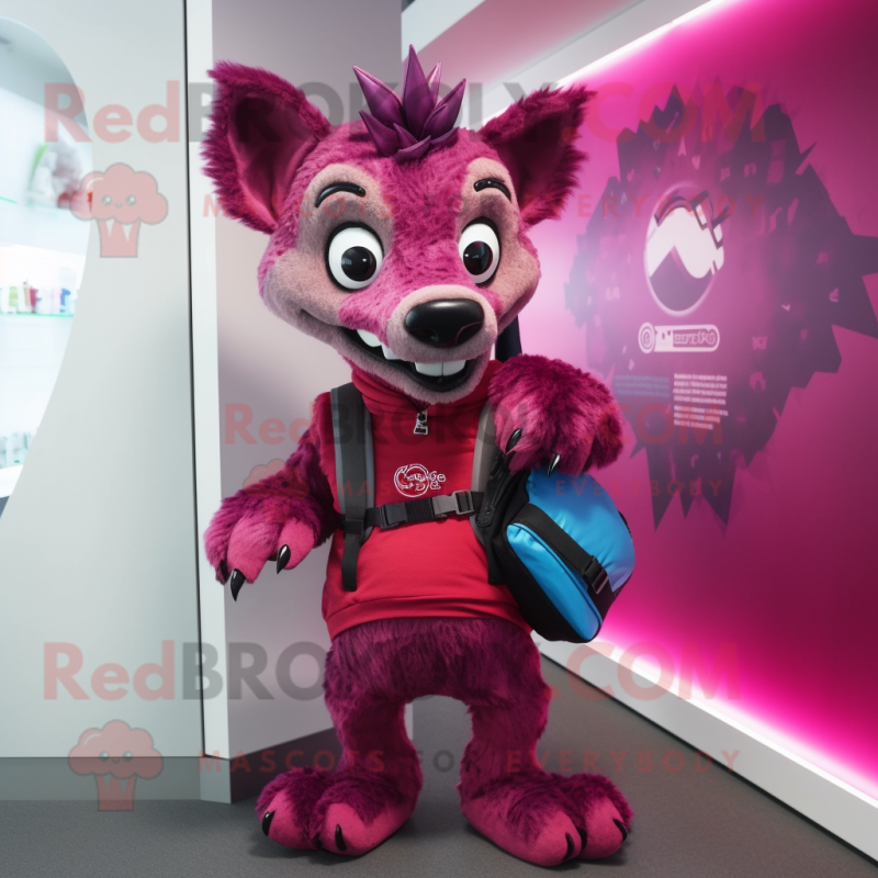 Magenta Hyena mascot costume character dressed with a Jeans and Backpacks