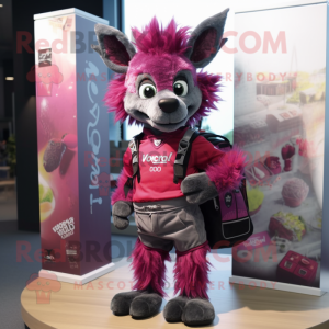 Magenta Hyena mascot costume character dressed with a Jeans and Backpacks