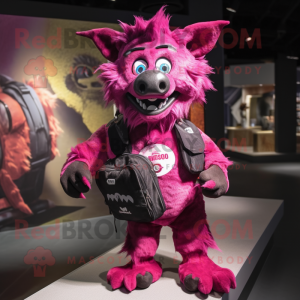Magenta Hyena mascot costume character dressed with a Jeans and Backpacks