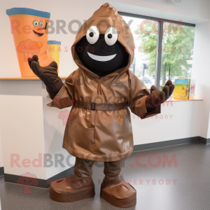 Brown Grenade mascot costume character dressed with a Raincoat and Shoe clips