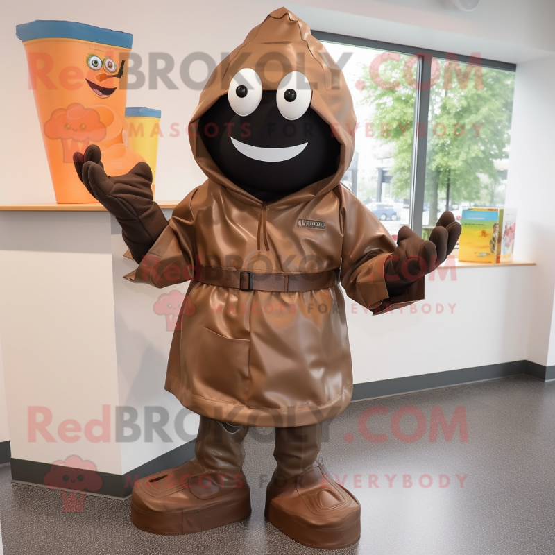 Brown Grenade mascot costume character dressed with a Raincoat and Shoe clips Brown Grenade mascot costume character dressed with a Raincoat and Shoe clips