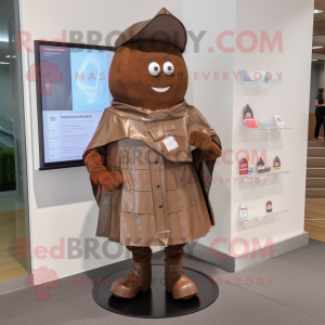 Brown Grenade mascot costume character dressed with a Raincoat and Shoe clips