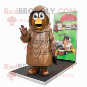 Brown Grenade mascot costume character dressed with a Raincoat and Shoe clips