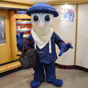 Navy Squid mascot costume character dressed with a Vest and Handbags