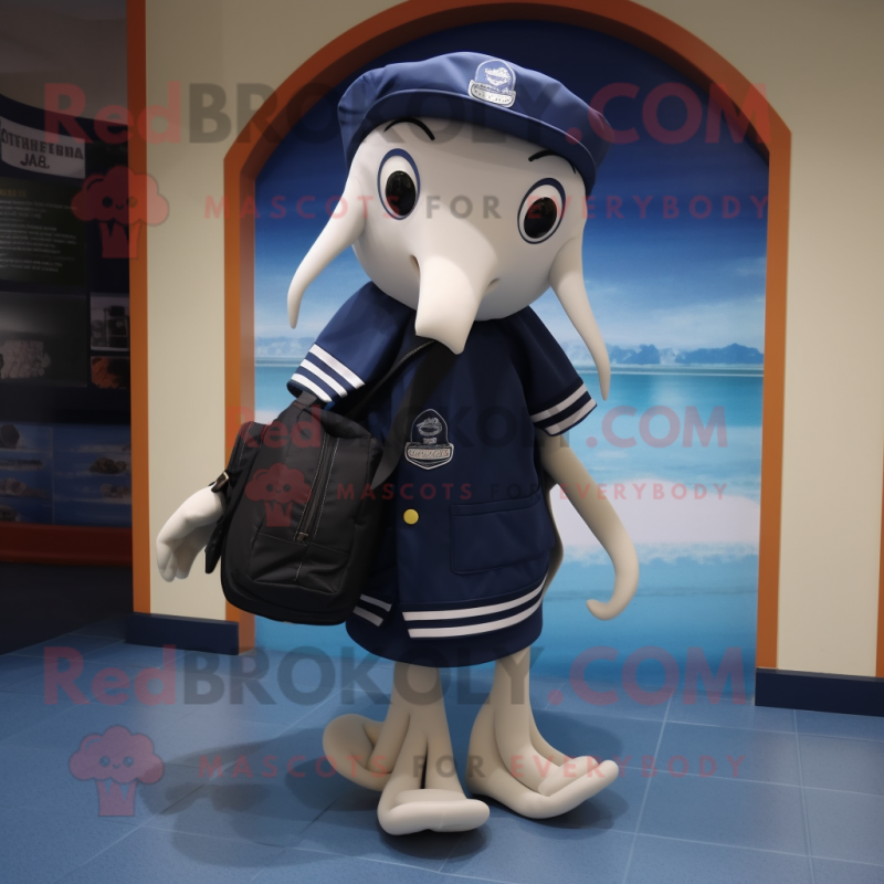 Navy Squid mascot costume character dressed with a Vest and Handbags Navy Squid mascot costume character dressed with a Vest and Handbags