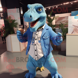 Sky Blue Allosaurus mascot costume character dressed with a Button-Up Shirt and Belts