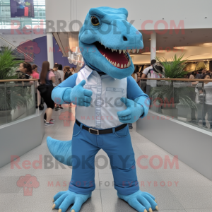 Sky Blue Allosaurus mascot costume character dressed with a Button-Up Shirt and Belts