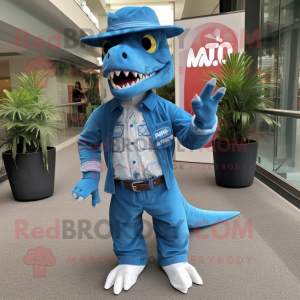 Sky Blue Allosaurus mascot costume character dressed with a Button-Up Shirt and Belts