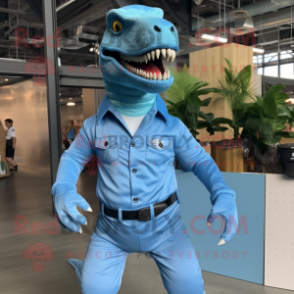 Sky Blue Allosaurus mascot costume character dressed with a Button-Up Shirt and Belts