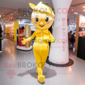 Yellow Champagne mascot costume character dressed with a Jeggings and Headbands