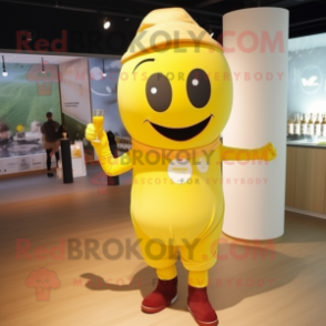 Yellow Champagne mascot costume character dressed with a Jeggings and Headbands