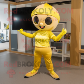 Yellow Champagne mascot costume character dressed with a Jeggings and Headbands