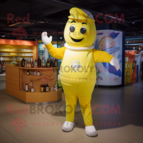 Yellow Champagne mascot costume character dressed with a Jeggings and Headbands