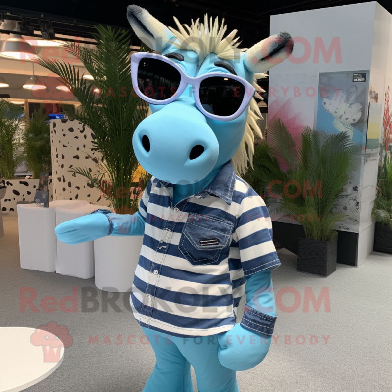 Cyan Zebra mascot costume character dressed with a Chambray Shirt and Sunglasses