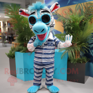 Cyan Zebra mascot costume character dressed with a Chambray Shirt and Sunglasses