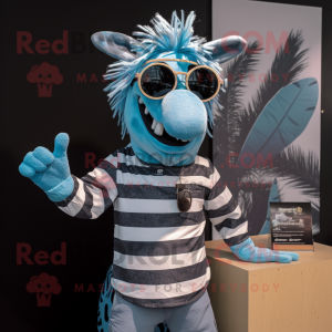 Cyan Zebra mascot costume character dressed with a Chambray Shirt and Sunglasses