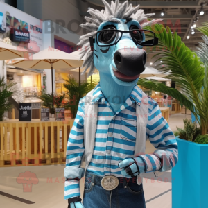 Cyan Zebra mascot costume character dressed with a Chambray Shirt and Sunglasses