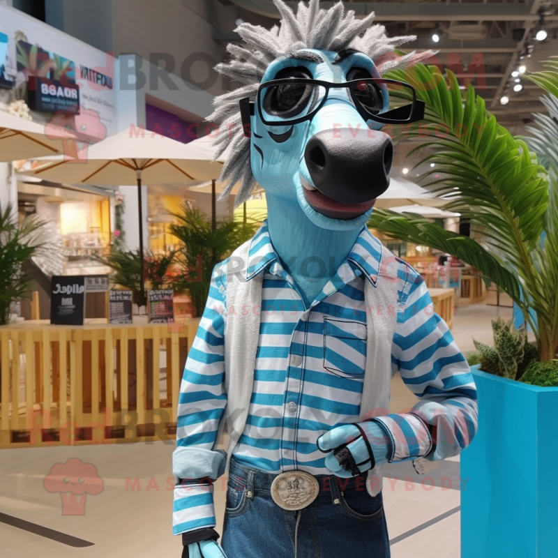 Cyan Zebra mascot costume character dressed with a Chambray Shirt and Sunglasses