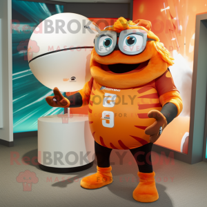 Orange Momentum mascot costume character dressed with a Rugby Shirt and Wraps