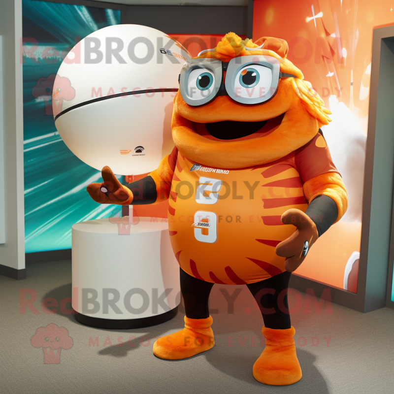 Orange Momentum mascot costume character dressed with a Rugby Shirt and Wraps Orange Momentum mascot costume character dressed with a Rugby Shirt and Wraps
