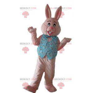 Mascotte coniglio rosa con una camicia e un papillon -