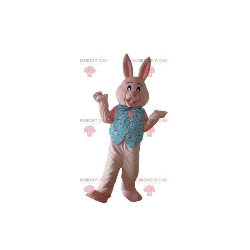 Roze konijn mascotte met een overhemd en een vlinderdas -