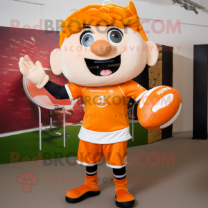 Orange Momentum mascot costume character dressed with a Rugby Shirt and Wraps